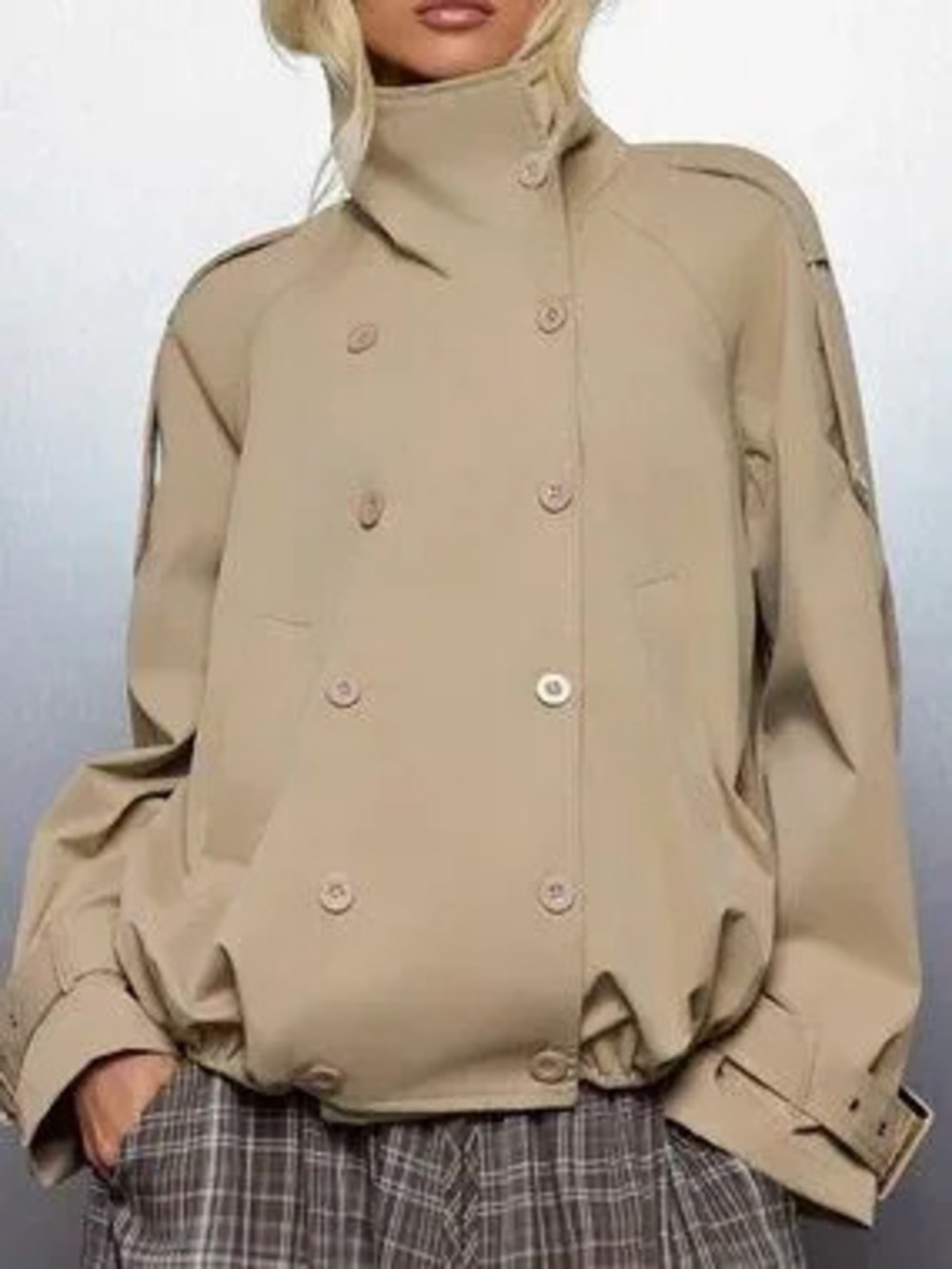 ZARA Camel Casual Women's Oversized Double-Breasted Stand Collar Military Jacket
